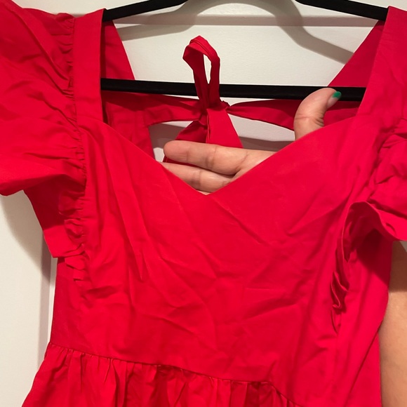 Day + Moon Red Mini Dress. Size: Large. Open Tie Back. Ruffle Sleeve. NWT. - Picture 10 of 12